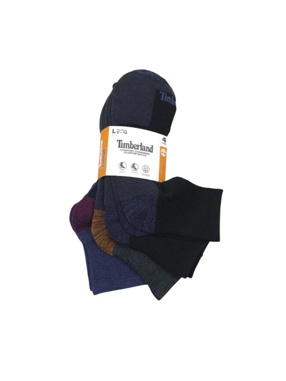 Timberland Mens Comfort Cushioned Quarter Socks 4-Pack Large 9-12 Arch Support